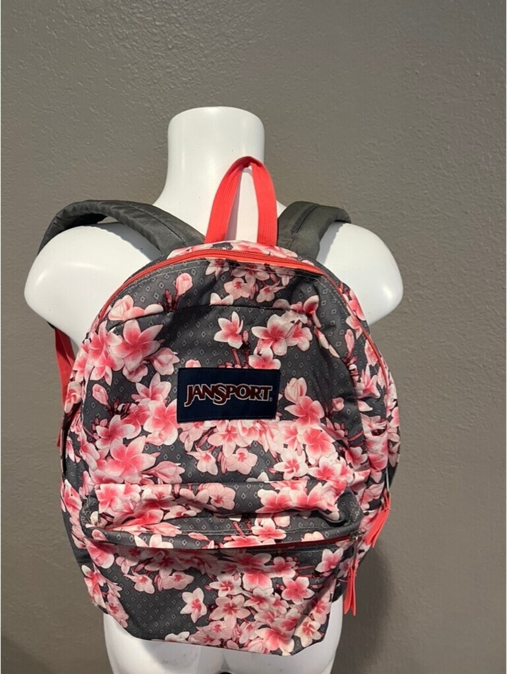 JanSport Floral Backpack Gray Pink Coral Flowers School Travel Book Bag